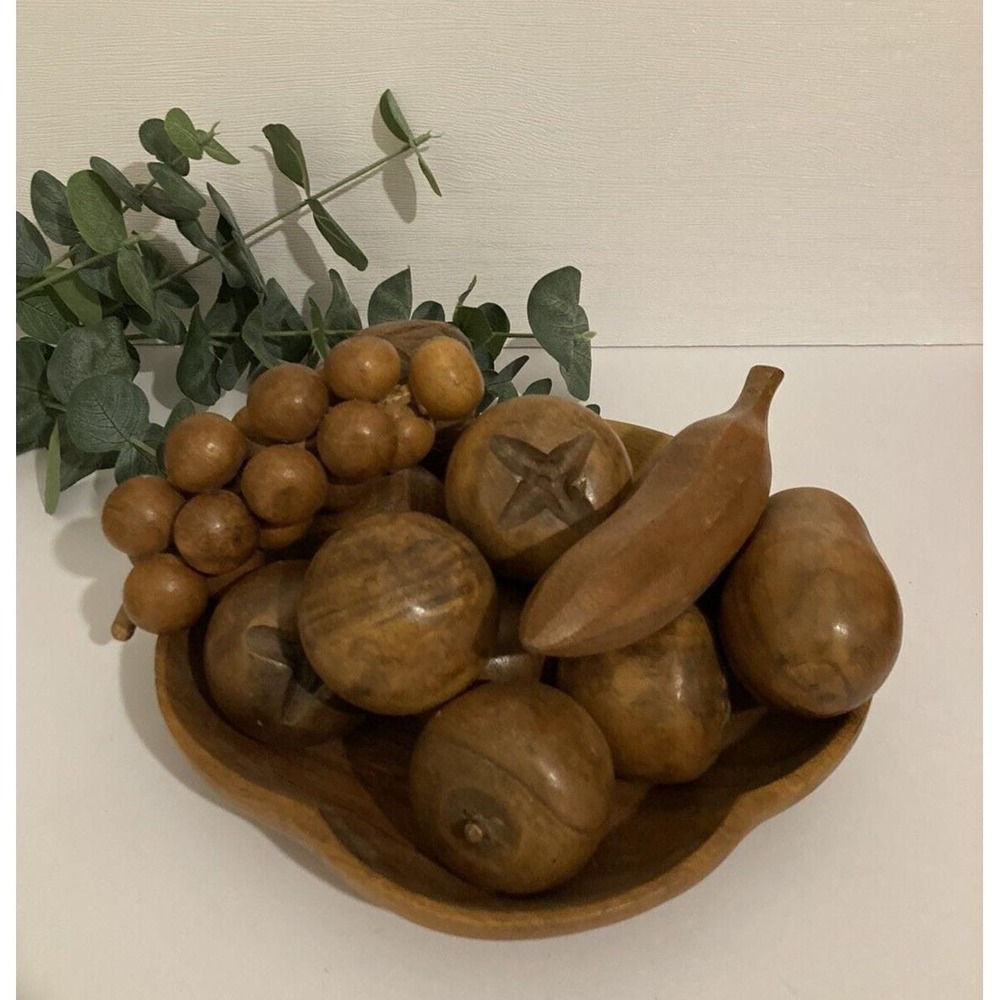 Vintage Hand Carved Wood Fruit and Bowl (14 Pieces) Tiki Party Decor Boho